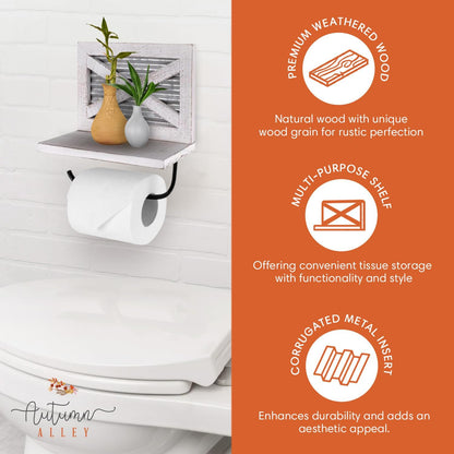 Autumn Alley Rustic Farmhouse Toilet Paper Holder with Shelf for Wipes - Rustic Farmhouse Bathroom Decor - Farmhouse Bathroom Accessories and Western Bathroom Decor Wall Mounted, Brown Wood