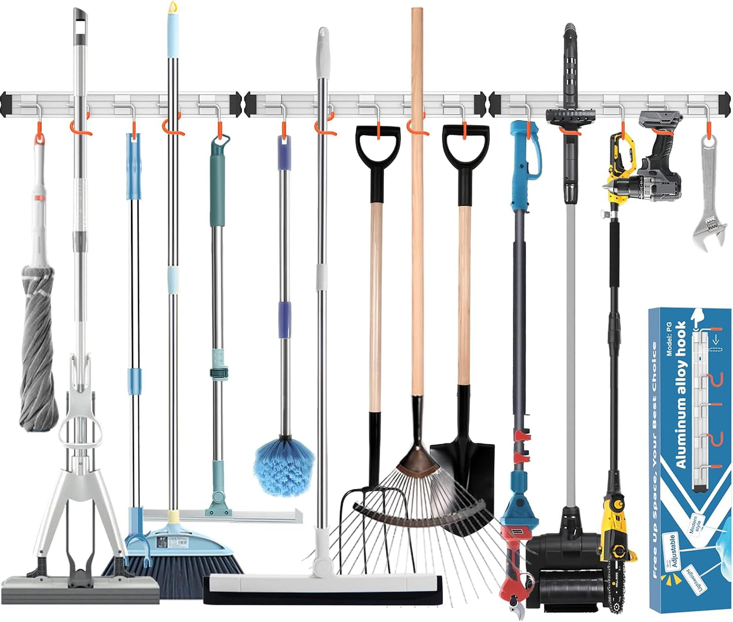 Mop and Broom Holder Wall Mount Garden Tool Rack Organizer | Modern Style, Movable Aluminum Alloy Wall Mounted Hook, Storage Gift for Bathroom, Closet, Laundry Room, Garage, Tool Room