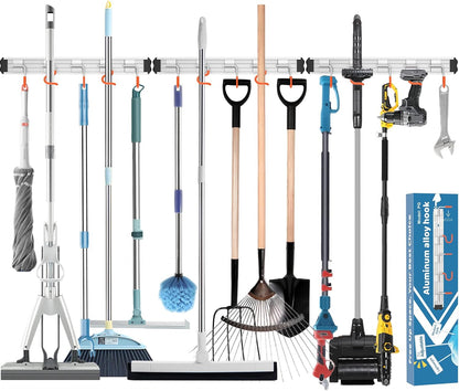 Mop and Broom Holder Wall Mount Garden Tool Rack Organizer | Modern Style, Movable Aluminum Alloy Wall Mounted Hook, Storage Gift for Bathroom, Closet, Laundry Room, Garage, Tool Room