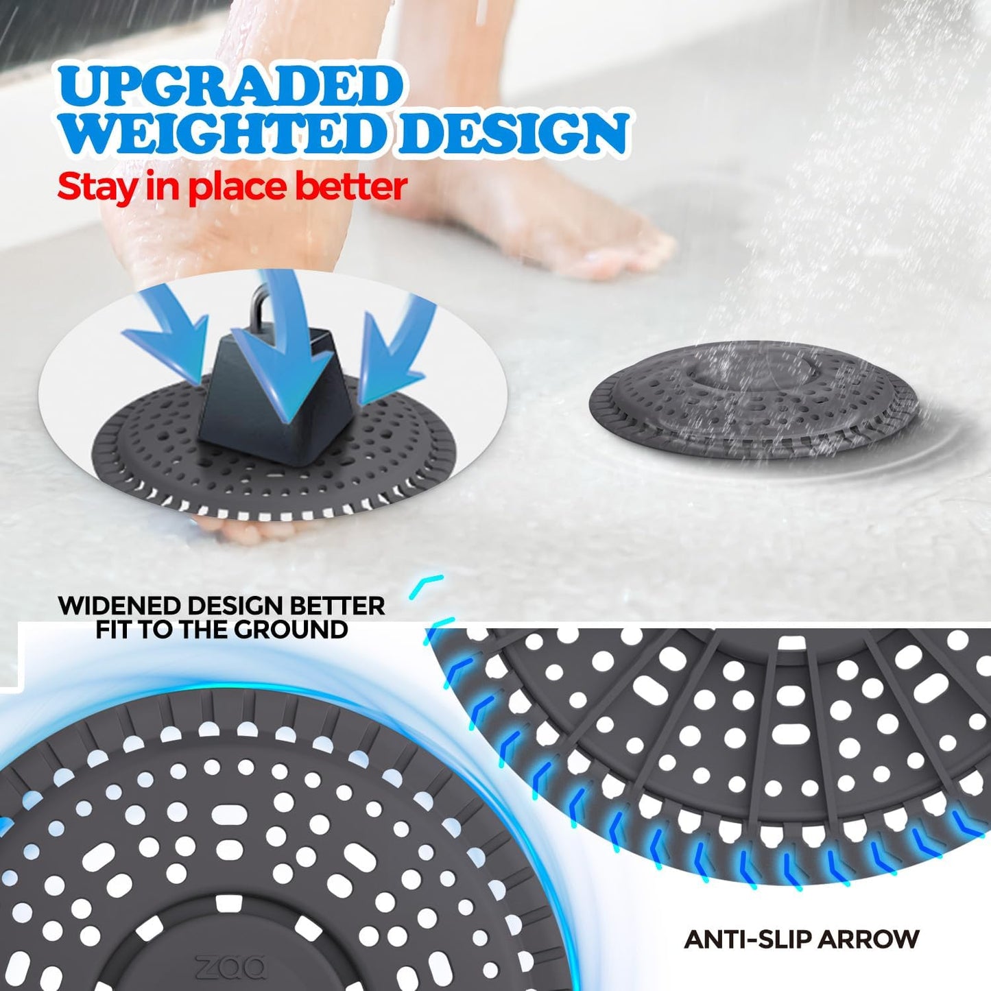 Shower Drain Hair Catcher Silicone Flat Floor Strainer Protector | 2 Pack Gray Weighted Flat Shower Drain Protectors, Traps Hair Before Clogs, Easy to Clean in Seconds, Fits Flat Floor Drains