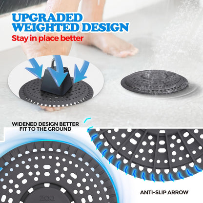 Shower Drain Hair Catcher Silicone Flat Floor Strainer Protector | 2 Pack Gray Weighted Flat Shower Drain Protectors, Traps Hair Before Clogs, Easy to Clean in Seconds, Fits Flat Floor Drains