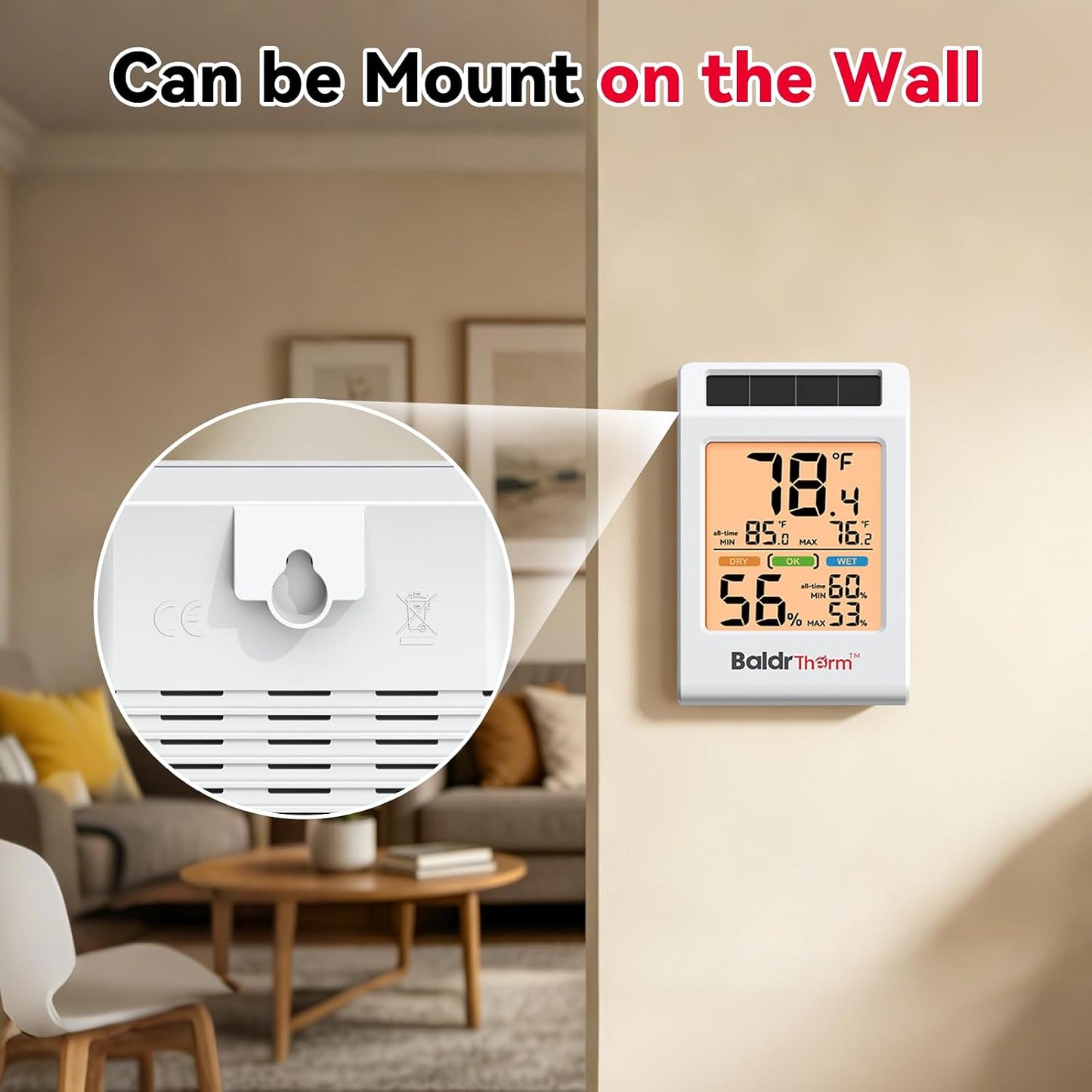 Room Thermometer Indoor, Humidity Meter, 2026 Upgrade Backlit Digital Humidity&Temperature Monitor | Solar Powered | MAX MIN Record | 3.2", for Home, Office, Greenhouse, 1Pack