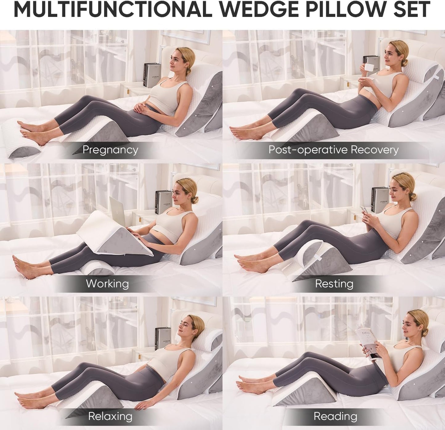 OAISZ 4PCS Wedge Pillow Set for After Surgery, Adjustable Bed Wedges, Gery | Back and Leg Support, Acid Reflux Relief, Post Surgery Recovery, Leg Elevation, Memory Foam, Bed Wedge Pillow for Sleeping