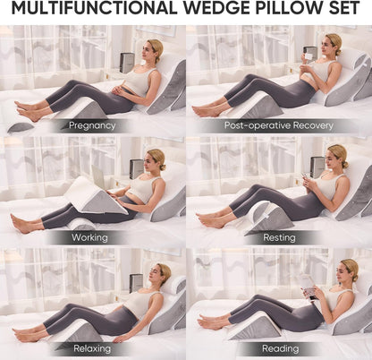 OAISZ 4PCS Wedge Pillow Set for After Surgery, Adjustable Bed Wedges, Gery | Back and Leg Support, Acid Reflux Relief, Post Surgery Recovery, Leg Elevation, Memory Foam, Bed Wedge Pillow for Sleeping