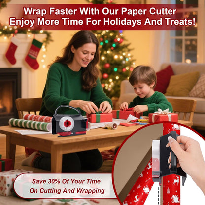 2-in-1 Wrapping Paper Cutter & Tape Dispenser, with 4 Tapes & 2 Blades ﻿ ﻿ | Sliding Gift Wrap Roll Cutter Tool with Replacement Parts, Safe & Precise Cutting for Christmas, Birthday, Crafts & Office,
