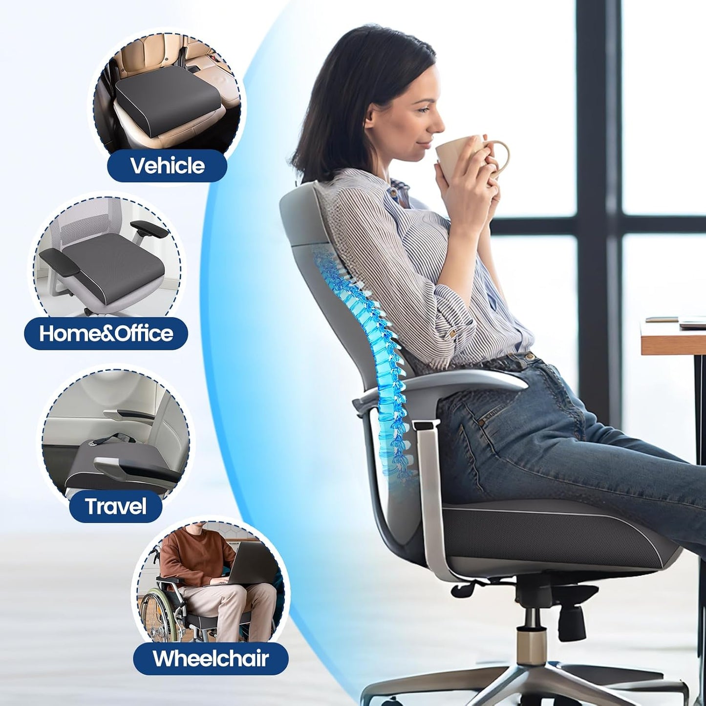 SweetSlubr Seat Cushion, Chair Pad, Memory Foam Large Cushion | Office Chair Cushion for Tailbone Pain Relief, Non-Slip Cover, Soft Support for Office Chair, Car Seat, Airplane,Large/Black