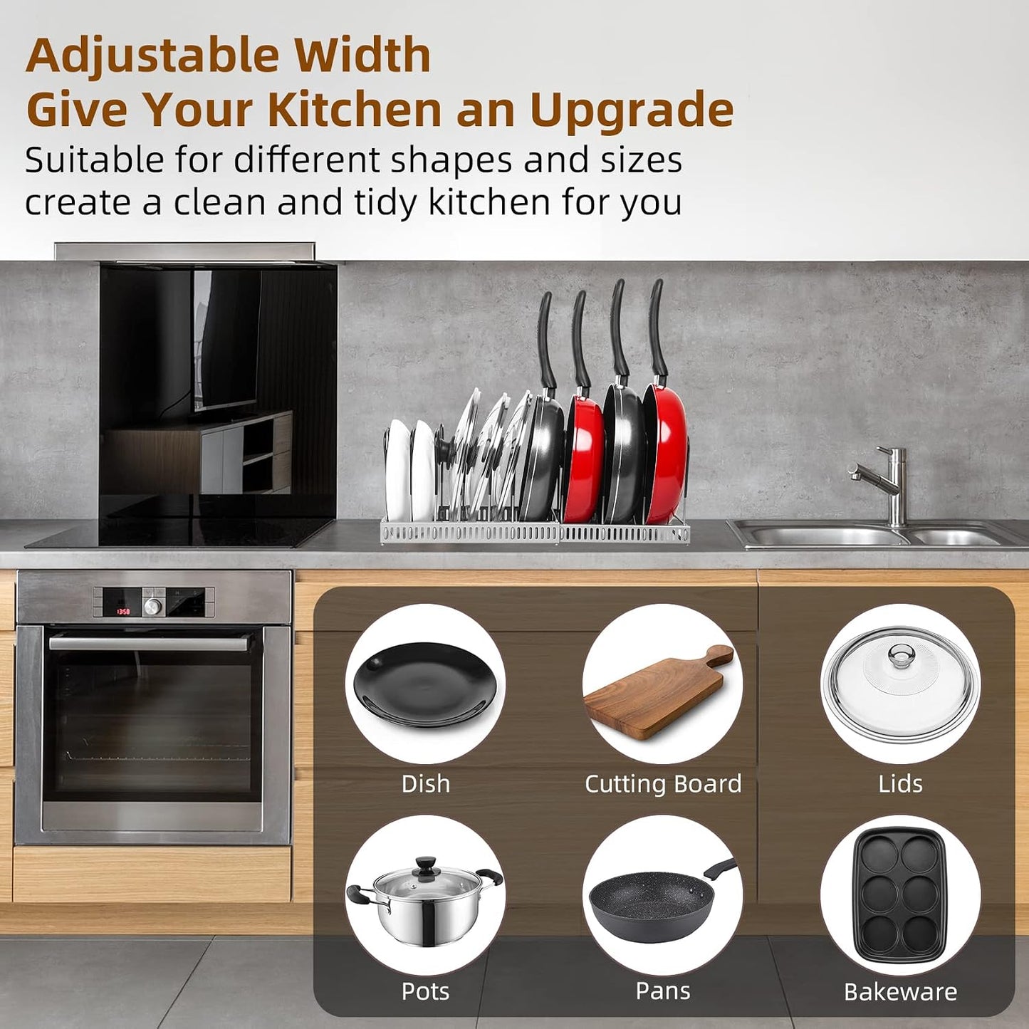 ROOHUA Pot and Pan Lid Organizer Rack for Under Cabinet, 12"-23" Expandable | 10 Adjustable Dividers, Holds Pan Lids, Cookware & Bakeware, Creates Tidy Cabinet Storage, Durable Metal, Bronze