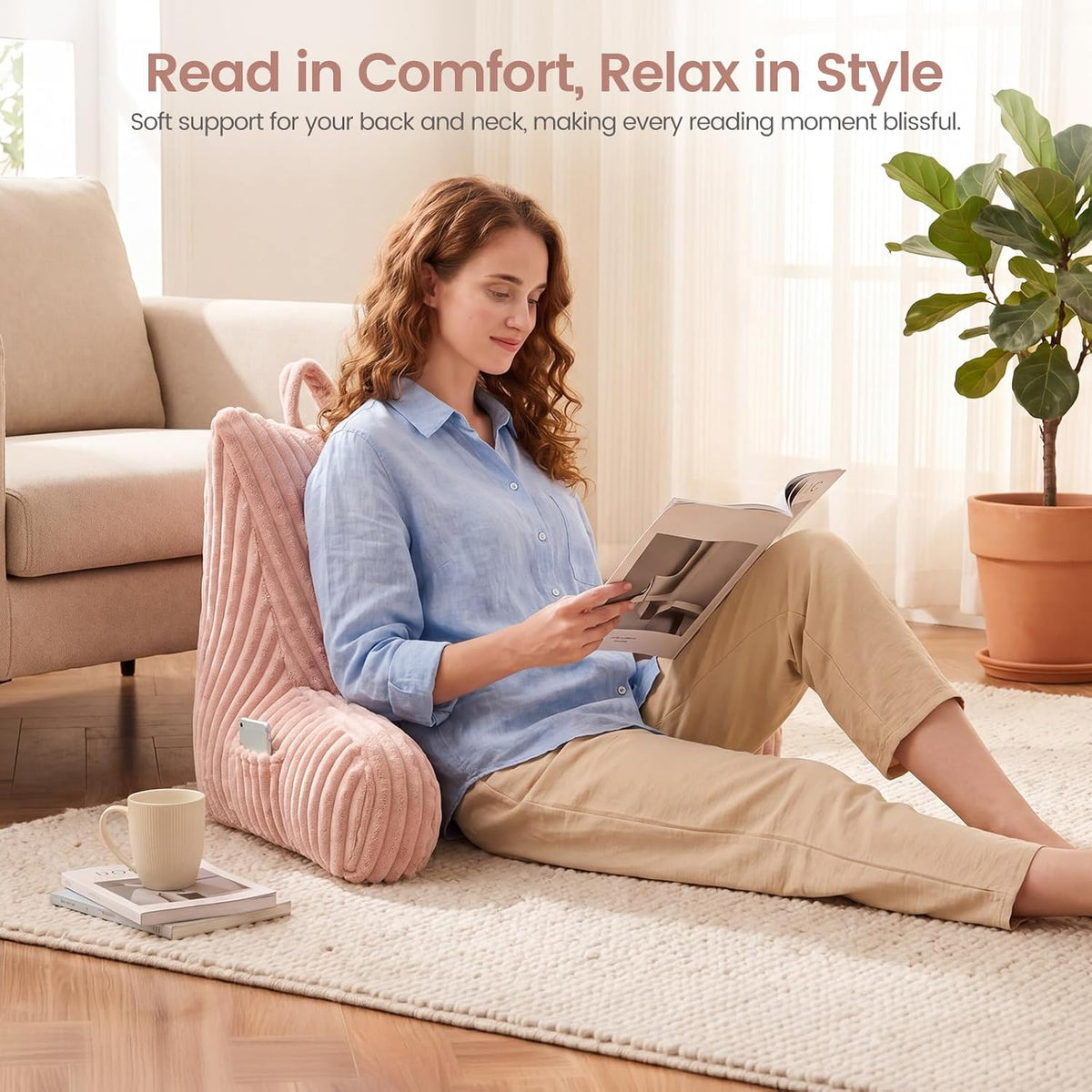 Reading Pillow for Sitting up in Bed, Adjustable Memory Foam Bed Rest Pillow, Wide-wale Plush Cover Machine Washable, Neck Back and Lumbar Support Pillow-Grey