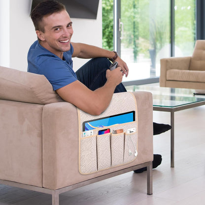 Remote Control Holder Couch Caddy, Armchair Caddy for Recliner 5 Pockets | TV Remote Holder Couch Armrest for Bed Storage with 5 Pockets, Remote Caddy Bedside Table Organizer (Light Gray,35''x13'')