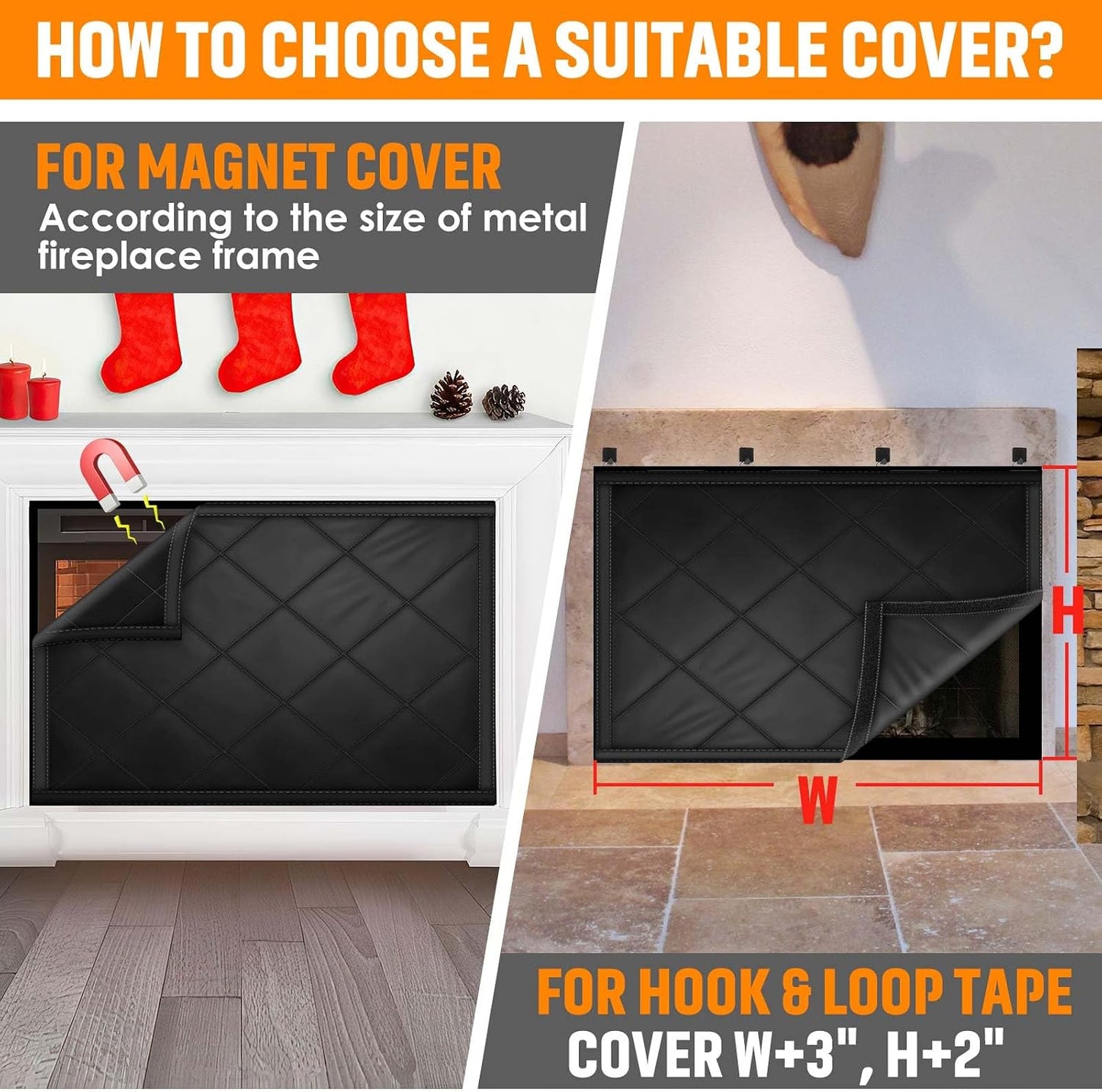 Fireplace Draft Cover, Fireplace Blocker Blanket with Hook and Loop Tapes, Indoor Fire Place Draft Stopper for Heat Loss Insulation Black 39" W x 32" H