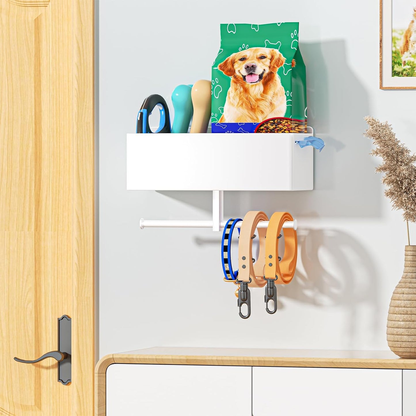 Dog Leash Holder for Wall, Dog Leash Hooks, Pet Stuff Organizer with Shelf Storage, Metal Key Holder, Leash Hangers Organizer Rack for Pet Collar, Toys, Treats, Poop Bag (Black)