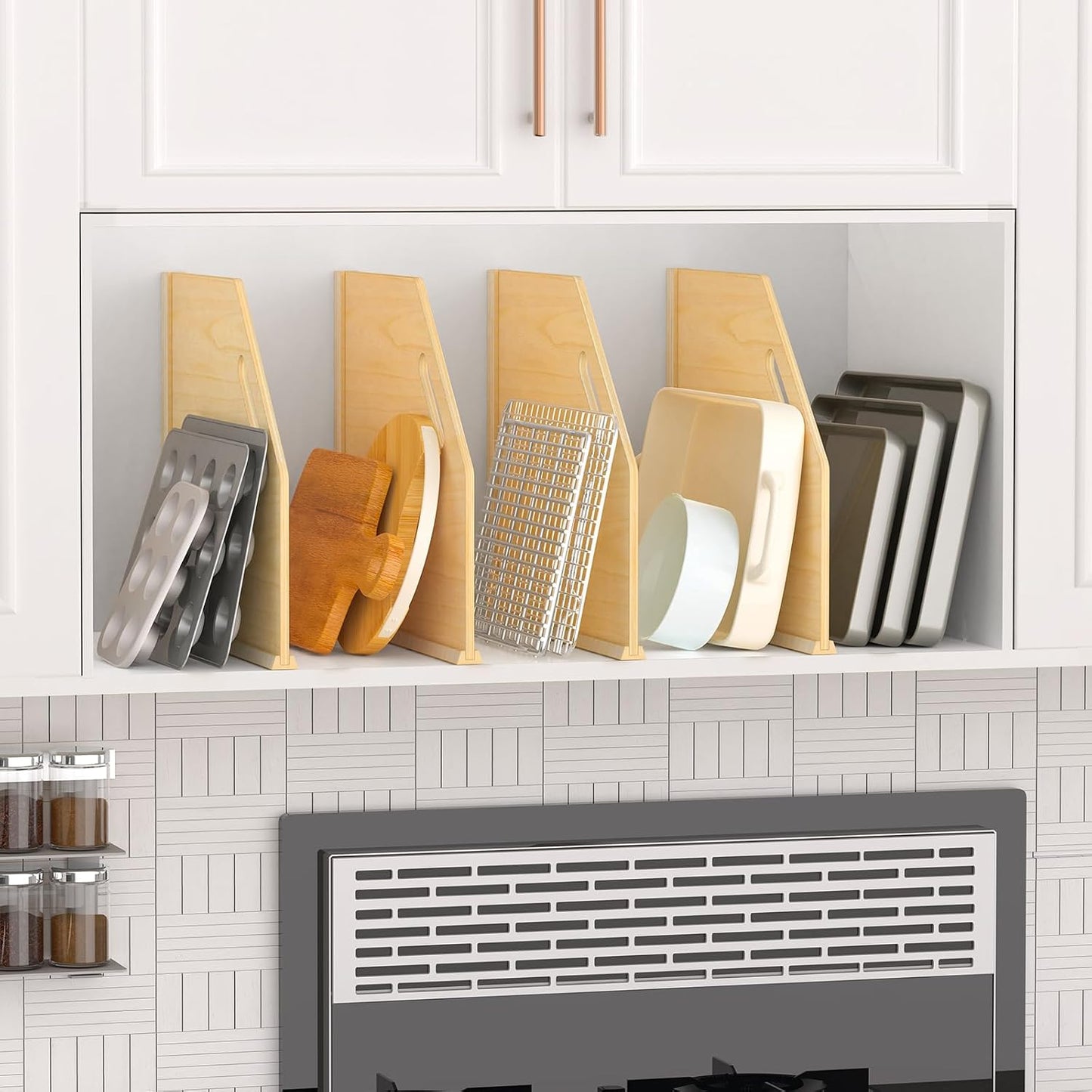 6 Pack Wood Tray Dividers Organizer For Kitchen Cabinet | Adjustable Vertical Cookie Sheet Organizer, Cabinet Dividers Organizer For Pots, Cutting Board, Pans, Lids, Baking Sheets