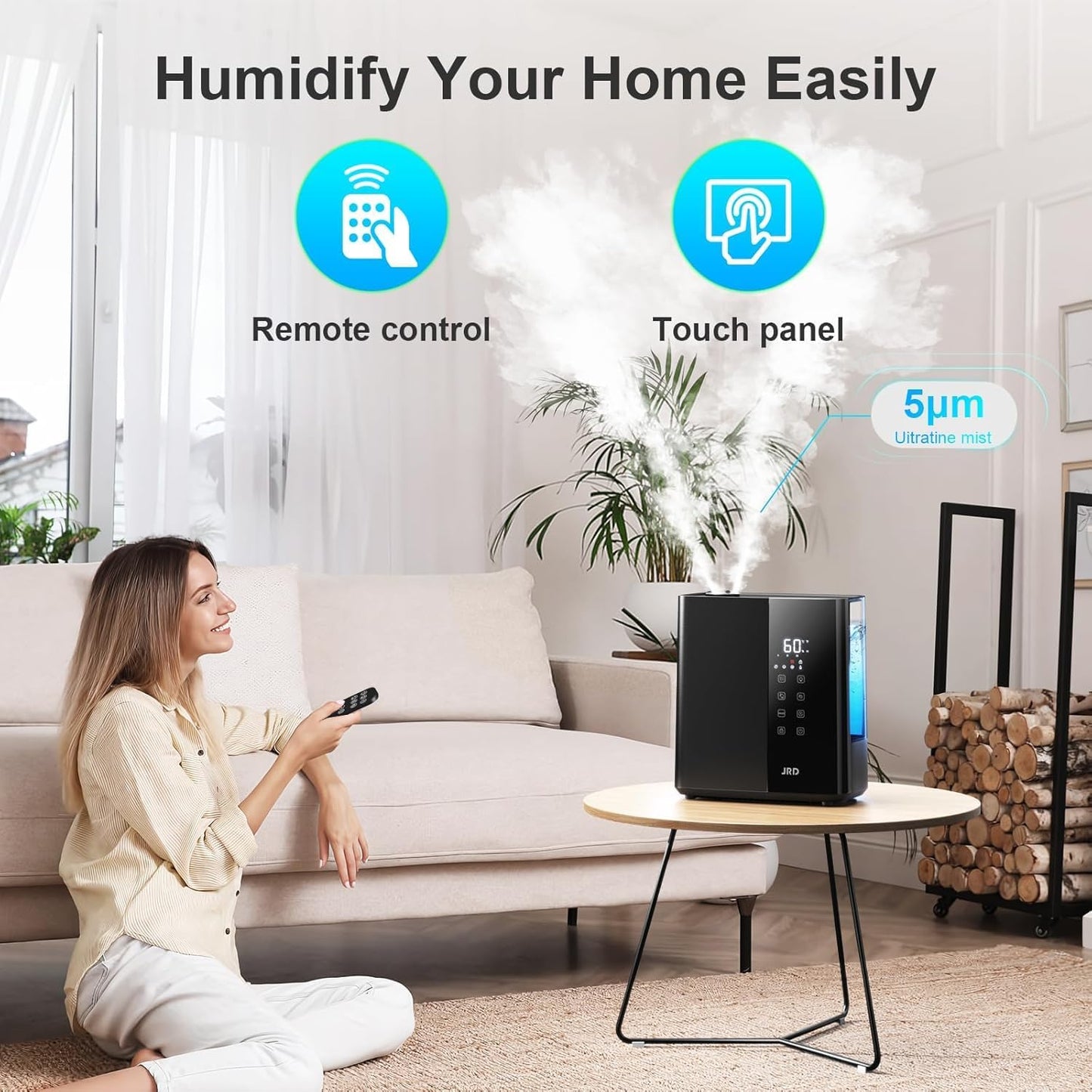 JRD Humidifiers for Bedroom, Ultrasonic Humidifier 4L for Large Room, Cool Mist Top-Fill, 40H Run, 12H Timer, 360° Nozzle, Aroma Diffuser, 7-Color Night Light for Home, Office, Baby-White