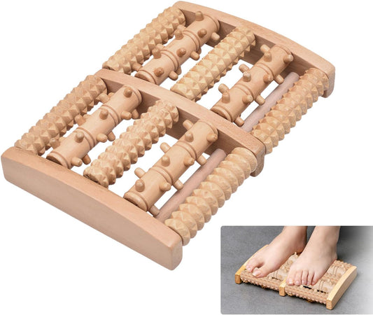 Wooden Foot Massage Roller, Wood Foot Roller for Plantar Fasciitis, Manual Physical Foot Therapy Roller Massage Tools for Feet Pain Relief Muscle Relaxation Men Women Elderly (5 Row Dual Gear)