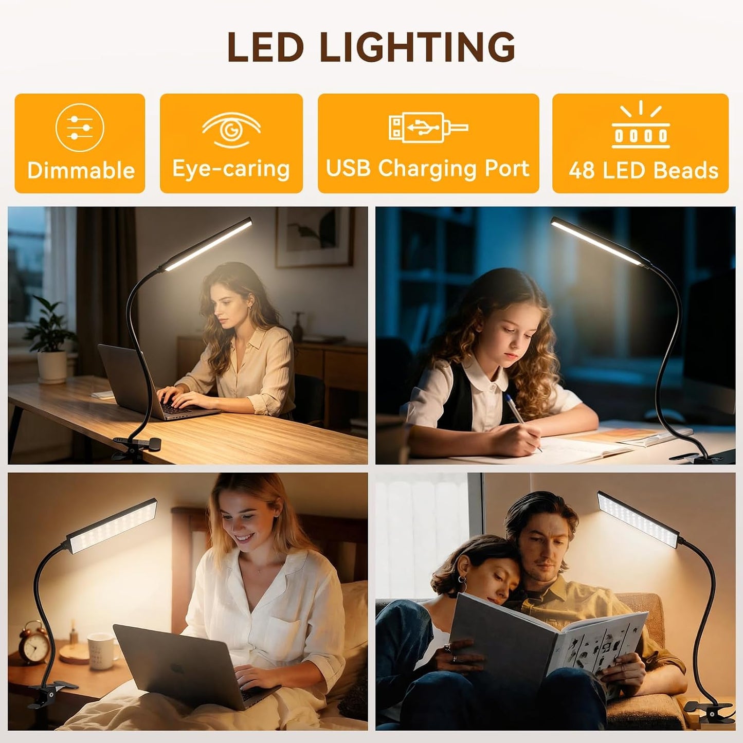 Clip on Desk Lamp, 5W LED Reading Light, 400 Lumens Book Light, 3 Color Modes 6 Brightness Levels, USB Powered Adjustable Neck Lamp for Desk, Bedside, Study, Office