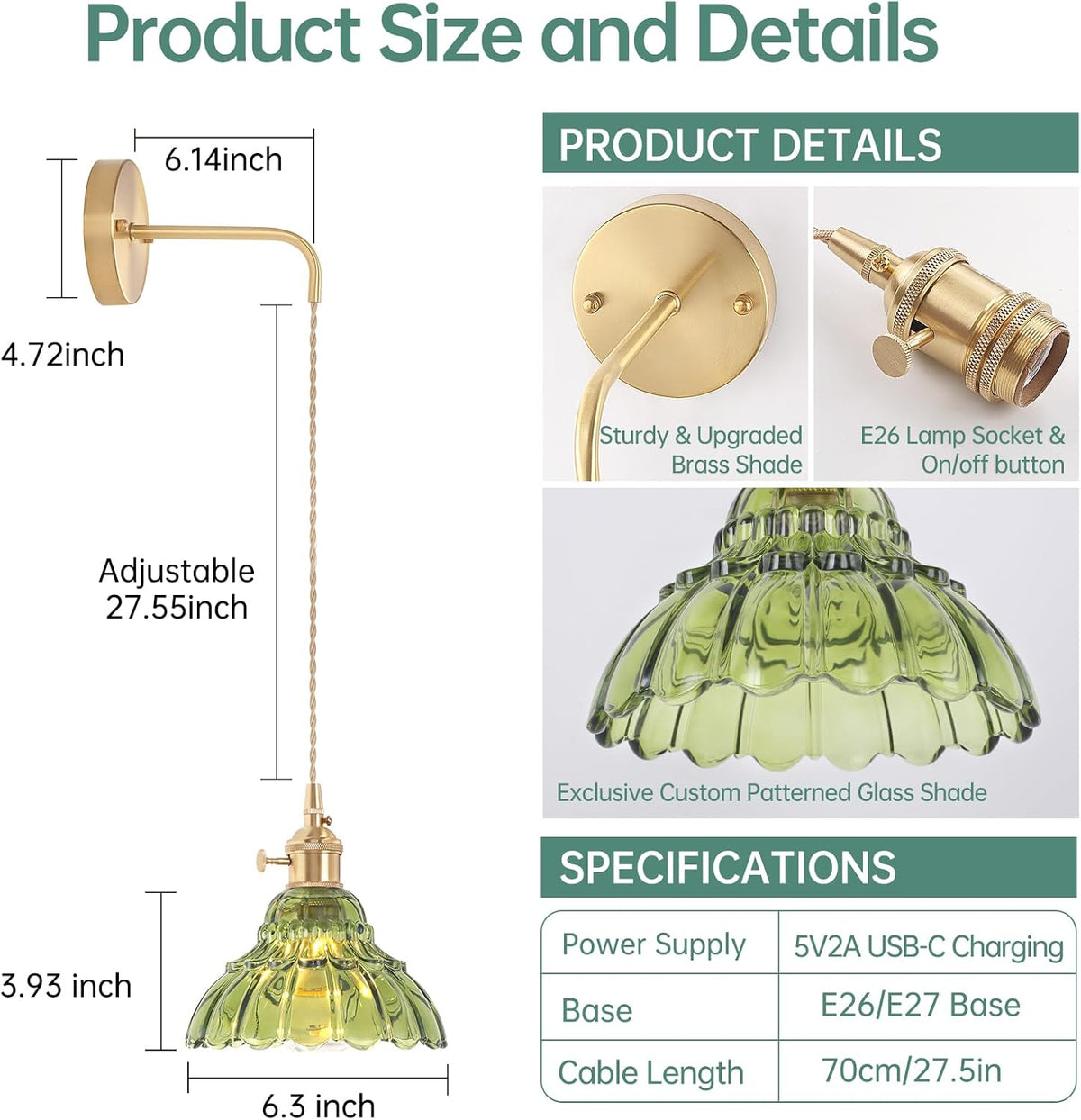 Shenmoyl Battery Operated Wall Sconce Wall Lamp with Green Lily of the Valley Shade Pattern Glass Adjustable Chain Retro Gold Wall Mounted Light, Modern Wall Lamp Fixtures Decor for Bedside Bedroom