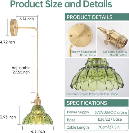 Shenmoyl Battery Operated Wall Sconce Wall Lamp with Green Lily of the Valley Shade Pattern Glass Adjustable Chain Retro Gold Wall Mounted Light, Modern Wall Lamp Fixtures Decor for Bedside Bedroom