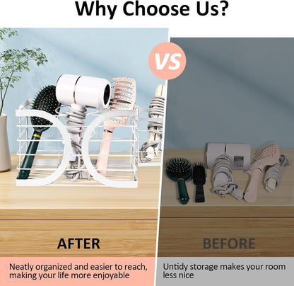 Elegant White Cabinet Door/Wall Mounted 3-in-1 Hair Dryer Holder | Stylish Bathroom Organiser, For Hair Dryer & Straightener, Hair Brush & Accessories