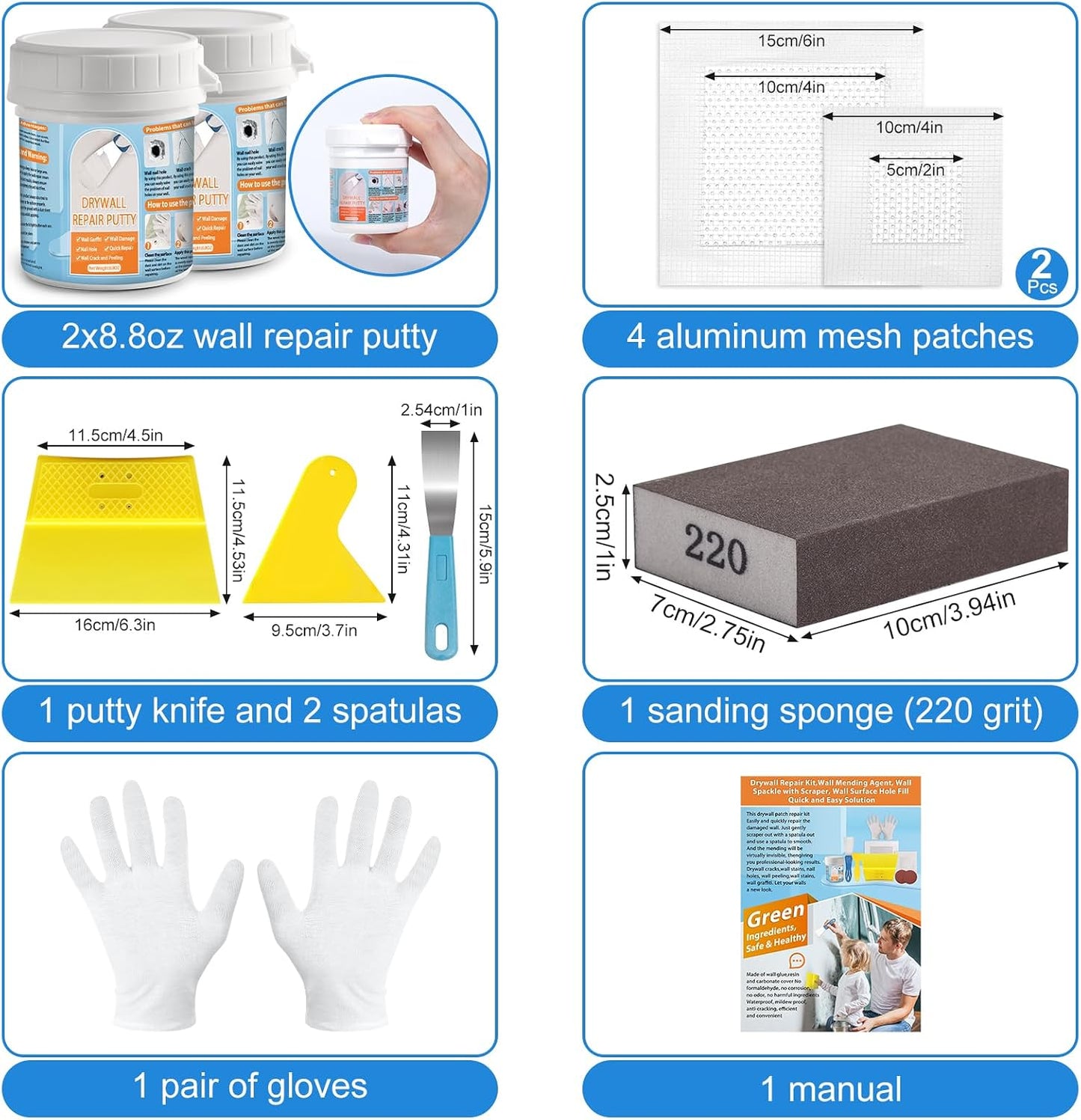 Drywall Repair Kit, Drywall Patch Repair Kit with 8.8OZ White Wall Repair Putty, Scraper Sandpapers Gloves for Heavy Duty Plaster Wall Repair, Easy to Fill Holes in Home Wall & Quick Repair Crack