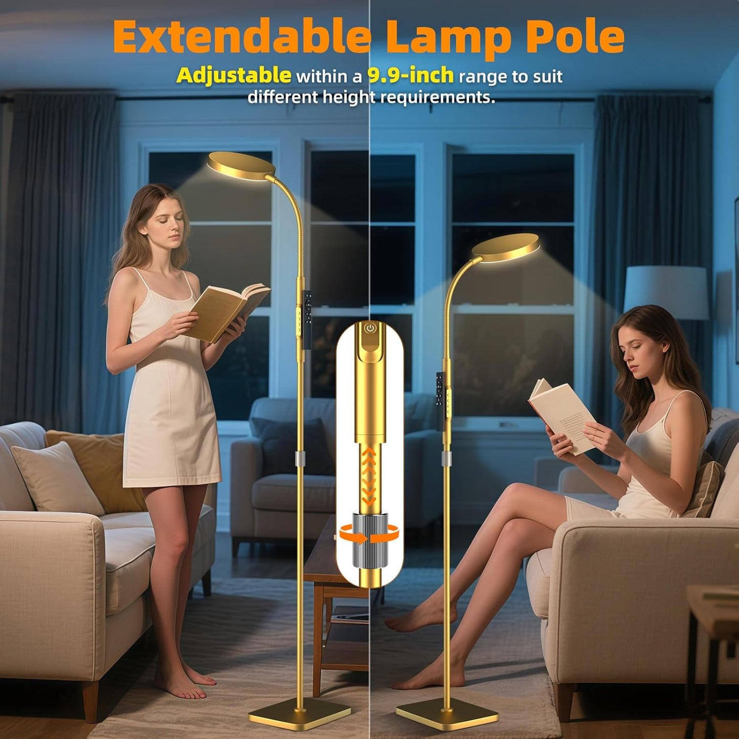 PACOVY Floor Lamp, Adjustable Height Floor Lamps for Living Room Bedroom, 120 LED Super Bright Standing Lamp Remote & Touch Control Dimmable Gooseneck Tall Stand Reading Lamp for Office Craft, Black