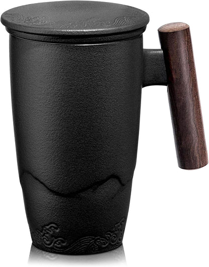 suyika Ceramic Tea Cup with Infuser and Lid Tea Mugs Wooden Handle 400ml/13.5oz Dark Green