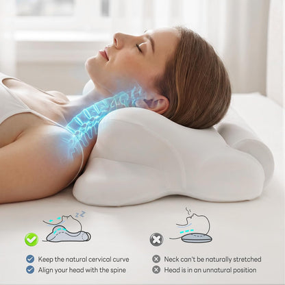 DUMOS 2-in-1 Contoured Neck Pillow, Slow Rebound Cooling Memory Foam with Detachable Round Support Roll, Multi Support Bolster for Neck Waist Ankle, Washable Cover for Side Back Stomach Sleepers White
