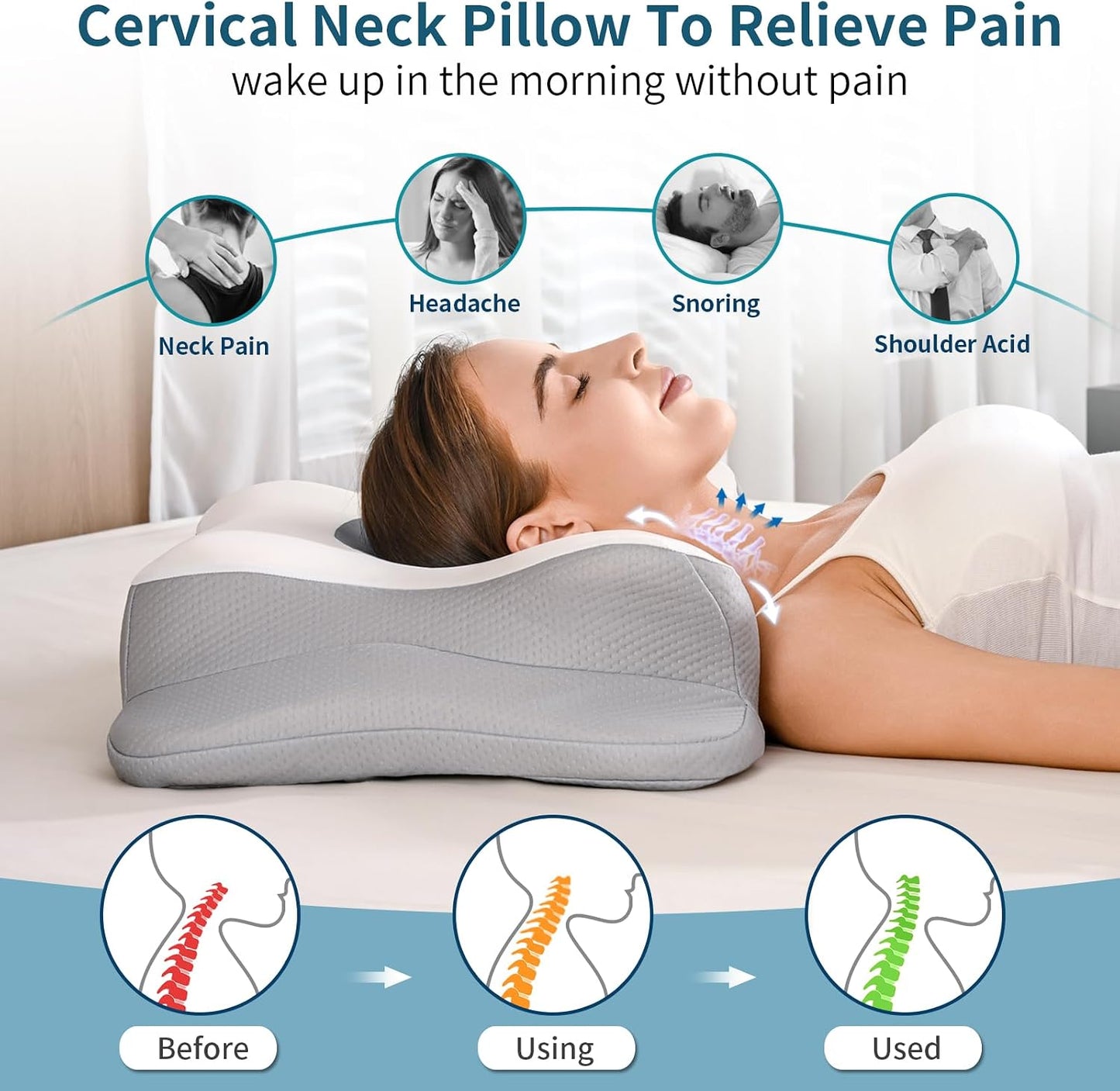 Cervical Neck Pillow for Pain Relief, Contour Memory Foam Pillows for Sleeping, Ergonomic Pillow Orthopedic Cooling Pillow Bed Pillow Neck Support for Side Back Stomach Sleepers（Grey&White