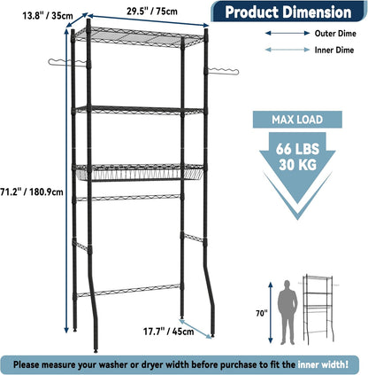 Laundry Room Storage Shelf & Organizer, 2 Tier Metal Over Washer and Dryer Shelves, Washing Machine Shelf with Hanger Rod, Expandable Bathroom Space Saver Shelf, 26–37" L x 15.8" W x 59.5" H, Black