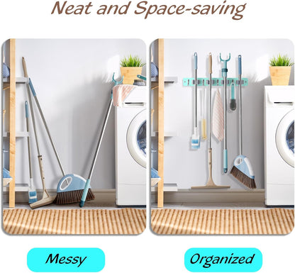 OUTNILI Mop and Broom Holder Wall Mount - Wood Broom Mop Hanger - Wall Mounted Garden Tool Rack Organizer for Closet Garage Laundry Room, Rustic Kitchen Decor With 4 Slots & 4 Hooks