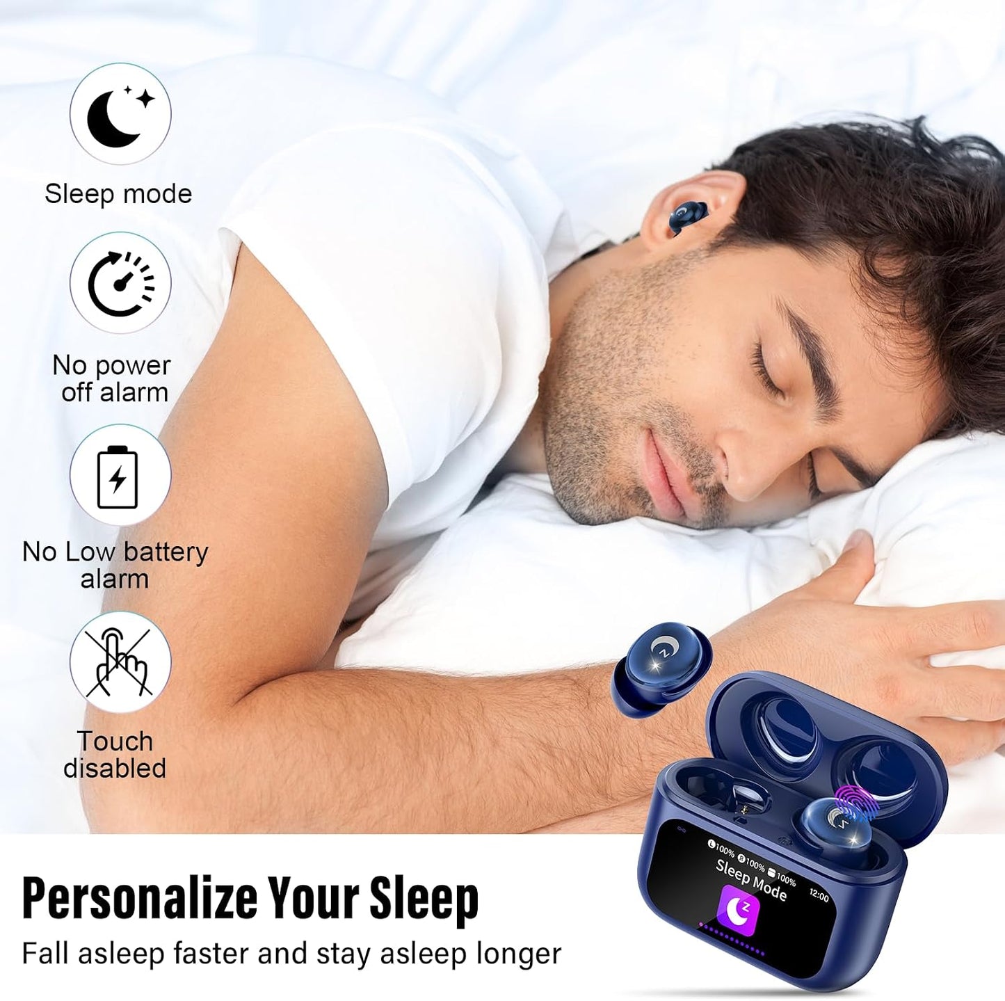 2026 Sleep Earbuds Bluetooth 5.4 in Ear Smart Touch Screen Ear Buds, 48H Playtime Mini Sleep Headphones Small Design for Side Sleepers, 5 EQ Modes, Crystal-Clear Calls, IPX7 Waterproof Earphones Black