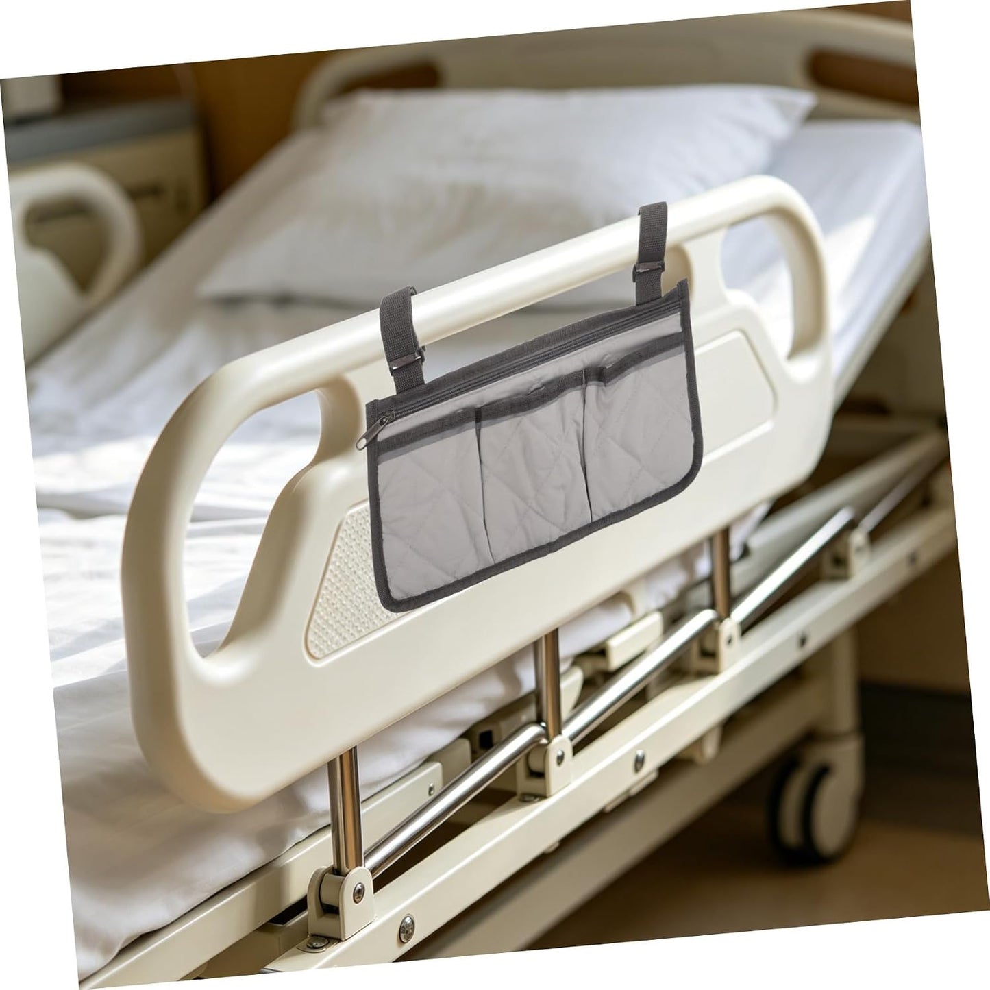 Bed Rail Organizer with 4 Pockets, Safety Bed Assist Rail Storage Bag with Cup Holder, Gray Bedside Caddy for Mobility Aid and Hospital Use
