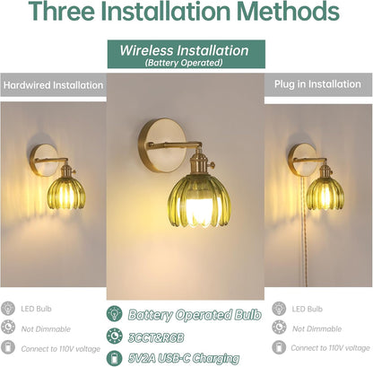 Shenmoyl Vintage Battery Operated Wall Sconce with Green Tulip Glass Lampshade Rechargeable Battery Powered Wall Light with Remote Control for Bedside Bedroom Doorway