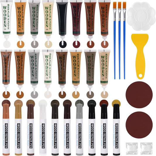 Wood Filler Repair Kit – 26 Colors (16 Fillers + 10 Markers) for Wood Floor Scratch Repair, Fix Scratches, Cracks & Holes on Furniture, Cabinets & Tables