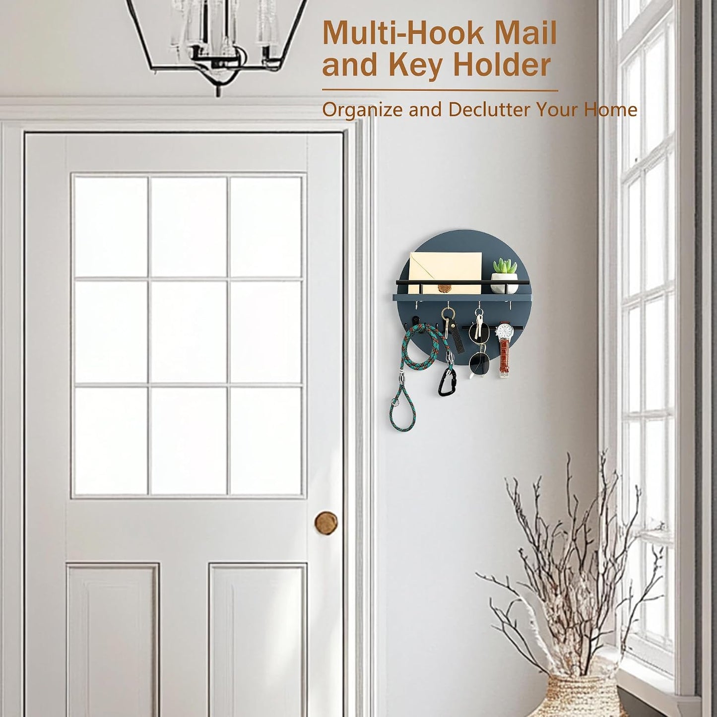 Key Holder for Wall Decorative with Shelf and Hooks, Mail Organizer Wall Mount with Sunglasses Holder, Circular Design Entryway Key Rack Hanger, Rustic Home Decor Boho Wall Decor (White)