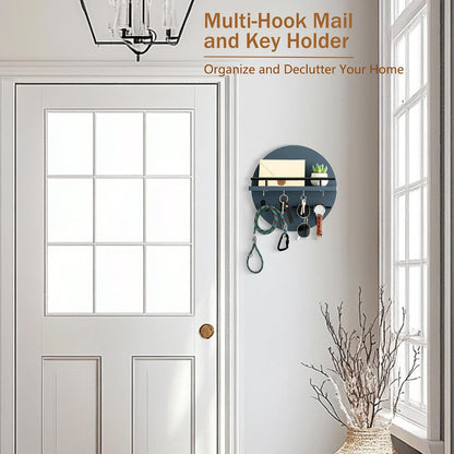 Key Holder for Wall Decorative with Shelf and Hooks, Mail Organizer Wall Mount with Sunglasses Holder, Circular Design Entryway Key Rack Hanger, Rustic Home Decor Boho Wall Decor (White)