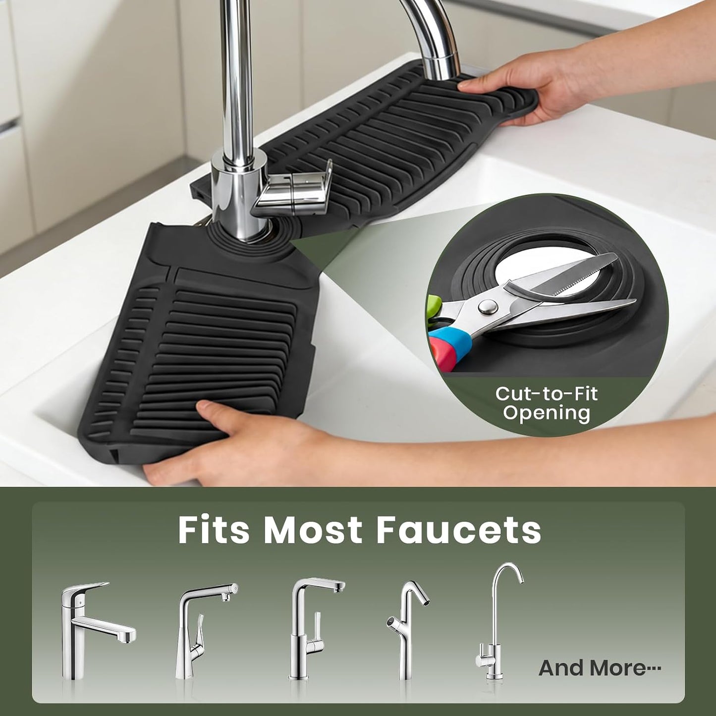 24 Inch Faucet Mat for Kitchen Sink, Silicone Splash Guard for Kitchen Sink Area, 7° Slope Fast Self-Draining Sink Mat, Cuttable Hole Design, Sink Backsplash Guard Draining Mat, Grey