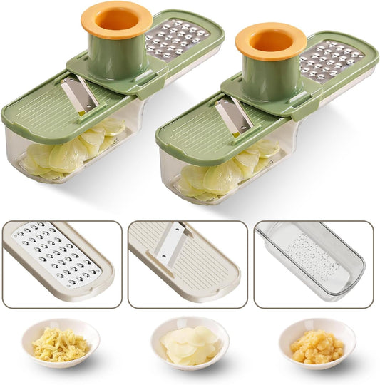 2-Pack 3 in 1 mini Ginger Garlic Grinder Super Thin, Multifunctional Mandoline slicer Grater with Hand Guard, Easy Grip Handheld Kitchen Tool, for Camping Cooking and Picnic (2pcs-green)