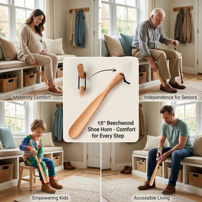 Bamber Wooden Shoe Horn Wood Shoehorn with Handle for Seniors Women Men Kids, 15'' Long, Black Walnut