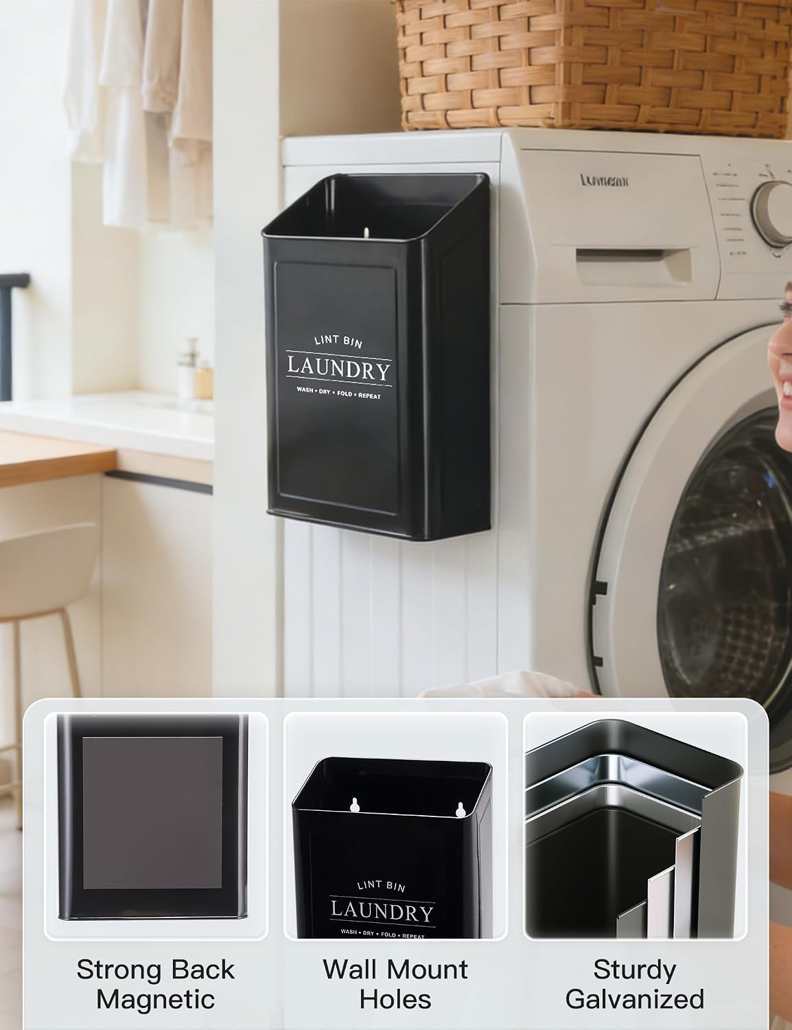 Magnetic Lint Bin, Metal Dryer Lint Trash Can for Laundry Room | Magnetic mount for dryer; includes 2 pet hair removers; farmhouse‑style decor; sturdy metal construction