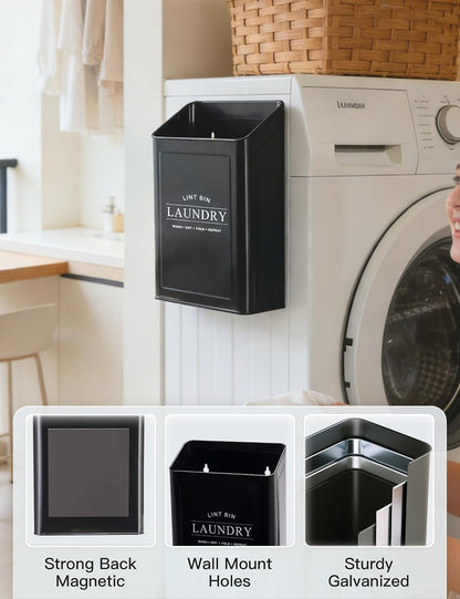 Magnetic Lint Bin, Metal Dryer Lint Trash Can for Laundry Room | Magnetic mount for dryer; includes 2 pet hair removers; farmhouse‑style decor; sturdy metal construction