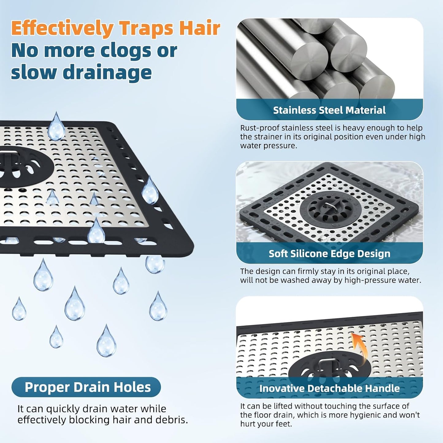 Hibbent Upgraded Shower Drain Hair Catcher for Bathroom Floor 4" Drain, Anti-Clogging Shower Drain Cover, Stainless Steel & Silicone Drain Strainer with Handle, Shower Drain Protector, Grey