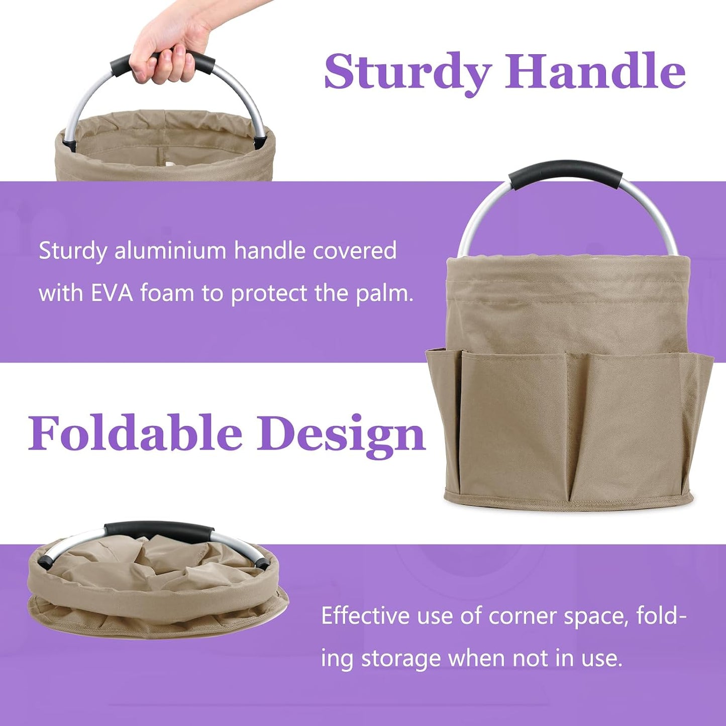17L Cleaning Caddy with Handle and 6 Pockets, Foldable Cleaning Supply Caddy, Portable Shower Caddy in 600D Oxford Fabric, Multifunctional Storage Basket for Camping, Gardening, Black