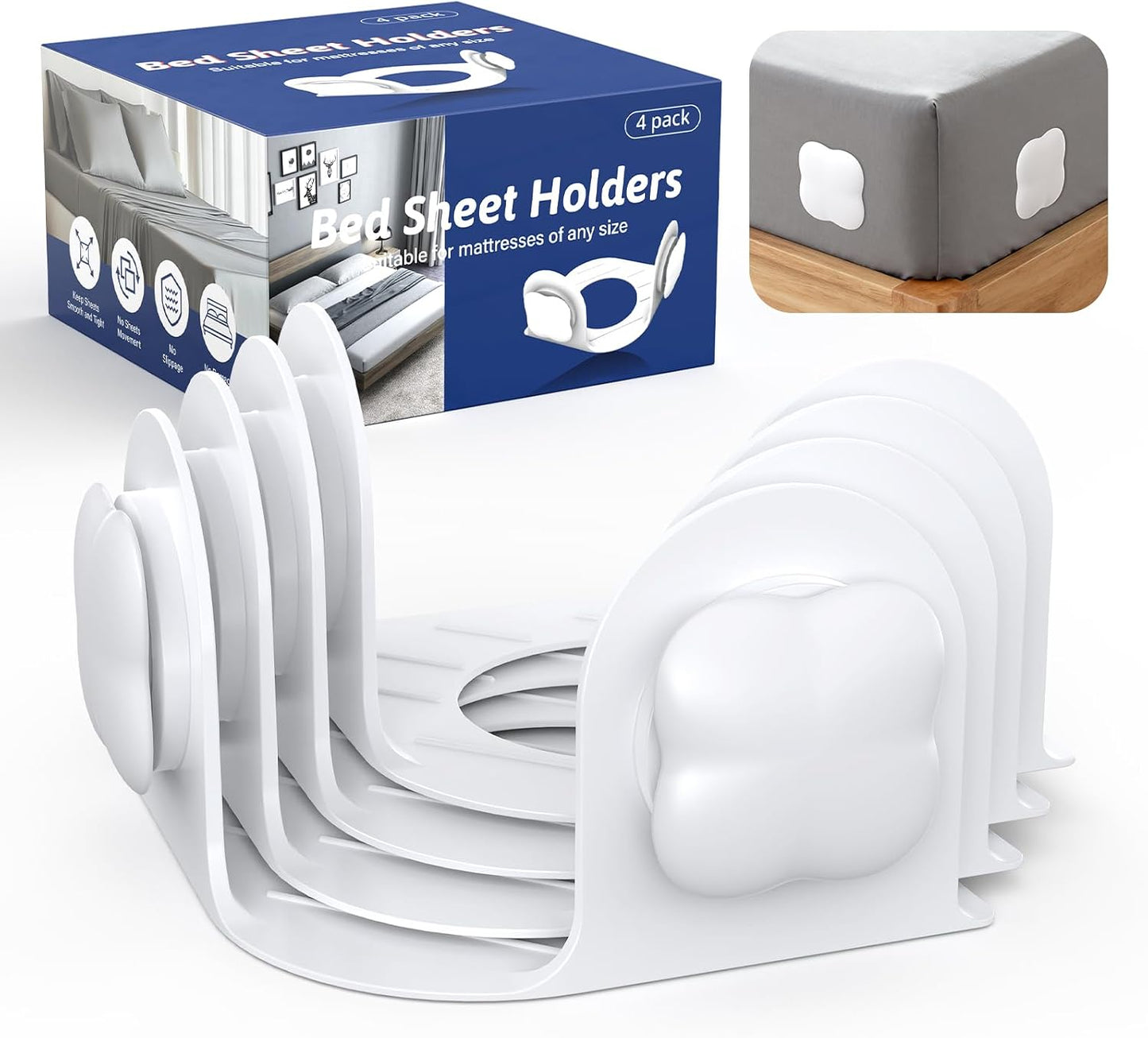 Sheet Holders Lock Bed Sheet Grippers - Fitted Sheet Holder for Corners Keep Sheets Firm & Tight Fit All Sheet Sizes,360 Degree Bed Sheet Tightener Easy Installation