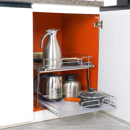VEVOR Pull Out Cabinet Organizer, 14" Wx21.2 Dx15.2 H Heavy 2 Tier Duty Slide Out Pantry Shelves, Chrome-Plated Steel Roll Out Drawer for Under Sink, 15.5" Wx22.5 Dx19 H Install Size for Cabinet