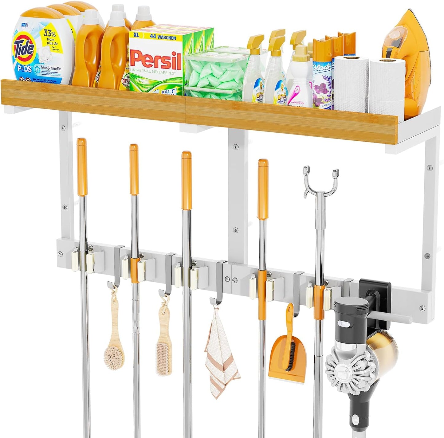 Broom and Mop Organizer Wall Hanging, Broom Hanger Holder Wall Mount | 3-in-1 Mop and Broom Holder Wall Mount with Storage Shelf & Vacuum Organizer,5 Racks,5 Hooks for Garage,Kitchen,Laundry Room