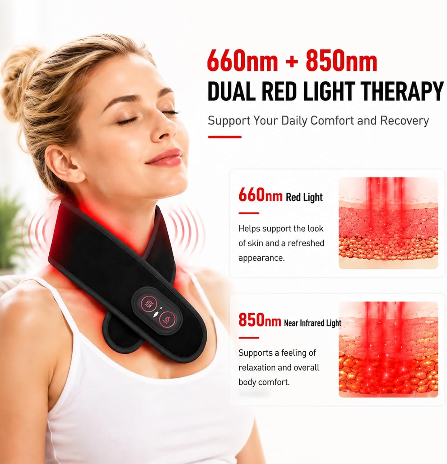 Neck Heating Pad for Pain, Cordless Neck Massager with 660nm 850nm Red Light, 3000mAh Battery and 3 Levels Heat & Massage Heated Neck Brace Wrap for Soreness Stiffness Relief Pain