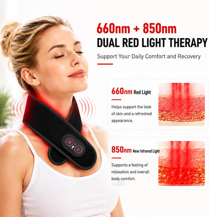 Neck Heating Pad for Pain, Cordless Neck Massager with 660nm 850nm Red Light, 3000mAh Battery and 3 Levels Heat & Massage Heated Neck Brace Wrap for Soreness Stiffness Relief Pain