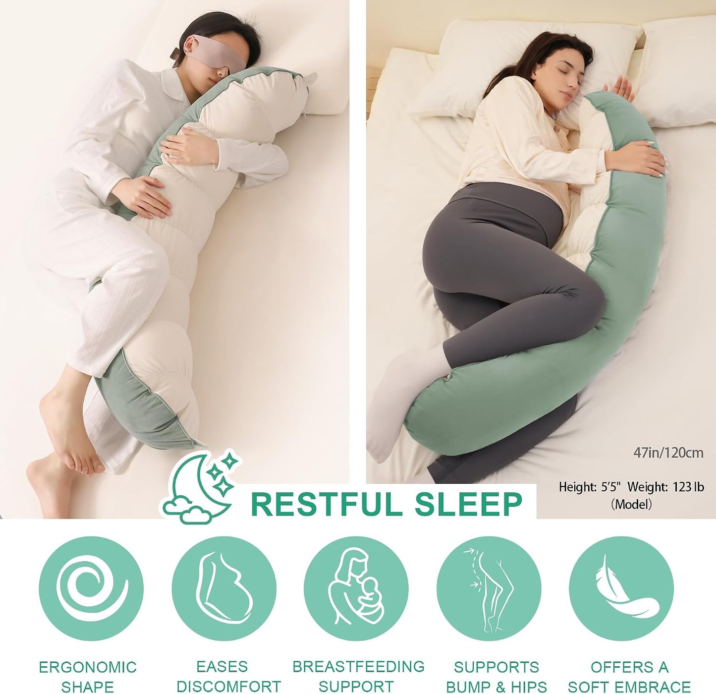 Peallow(Pat. Pend) – Long Round Body Pillow for Adults, Bolster Pillow for Sleeping, Soft and Supportive Pillow for Sleeping & Lumbar Support (Green-White, 29.5")