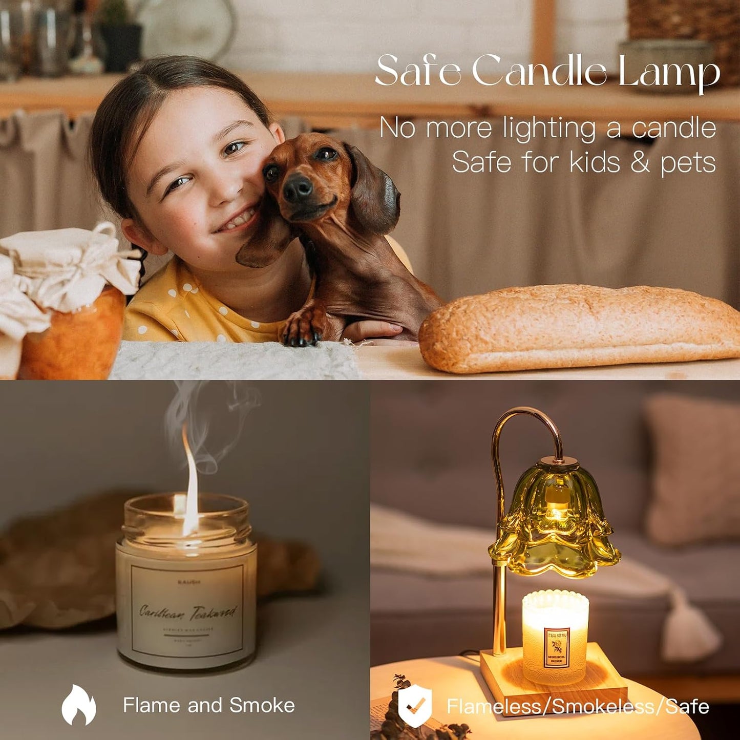Candeldo Candle Warmer Lamp with Timer, Gold Flower Glass Shade | Height Adjustable, Dimmable, Fits 3-Wick Candles and Wax Melts, Ideal for Bedroom Decor, Birthday Gifts for Women