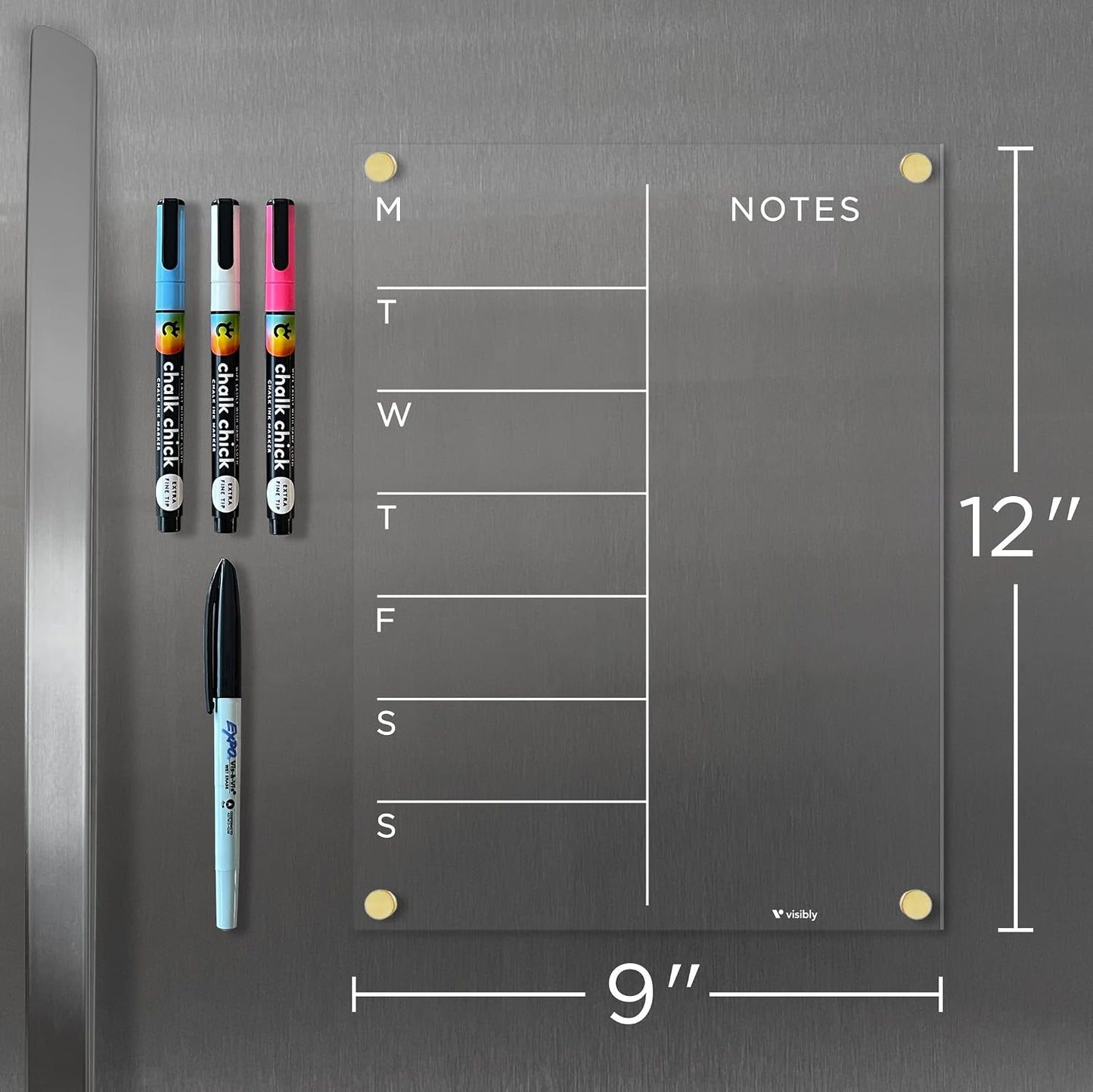 Magnetic Acrylic Weekly Planner for Fridge 9” x 12”, Clear Wet Erase Meal Planner & Notes Board, Refrigerator Organizer with 4 Magnetic Markers and Gold Corner Magnets
